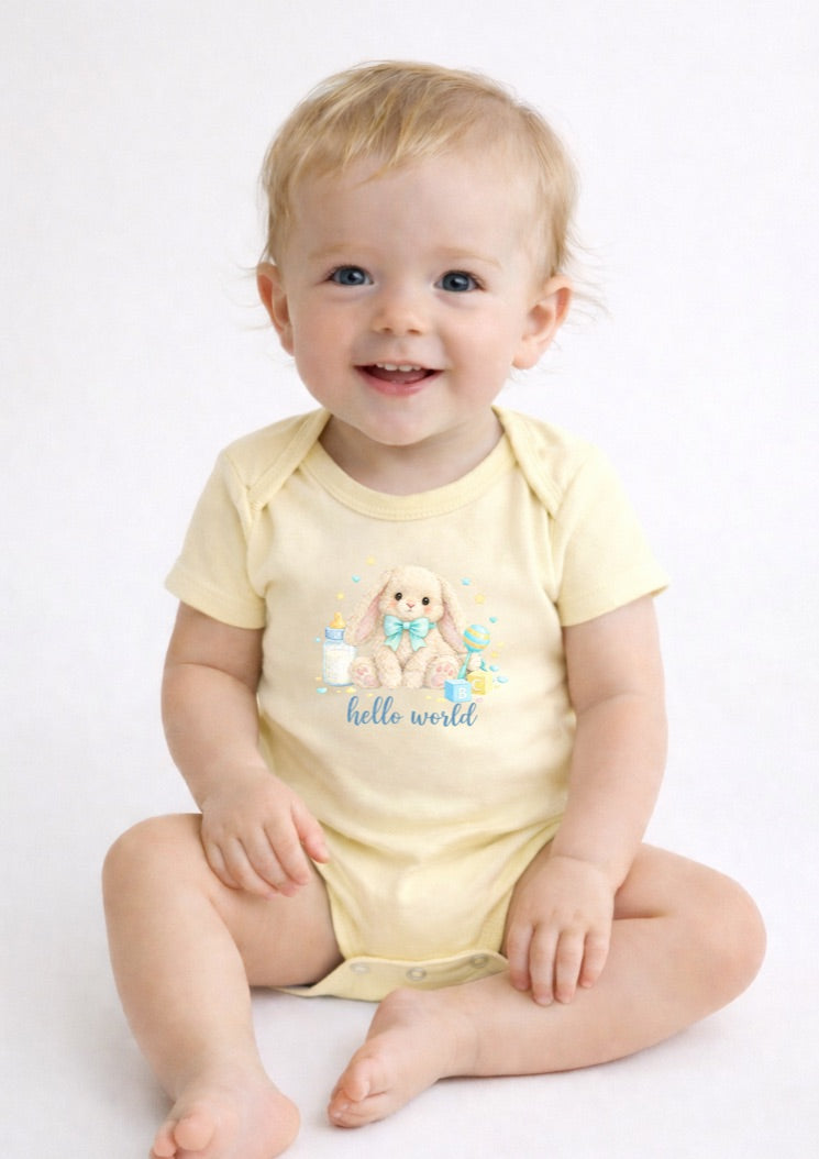 Blue Hello World Bunny Baby Bodysuit – Cute Newborn Announcement Outfit, Soft Neutral Baby Onesie
