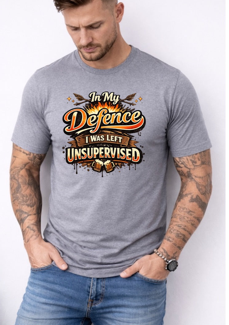 In My Defence I Was Left Unsupervised T-Shirt – Funny Drinking Shirt for Men – Humorous Party Graphic Tee – Beer Lover Gift