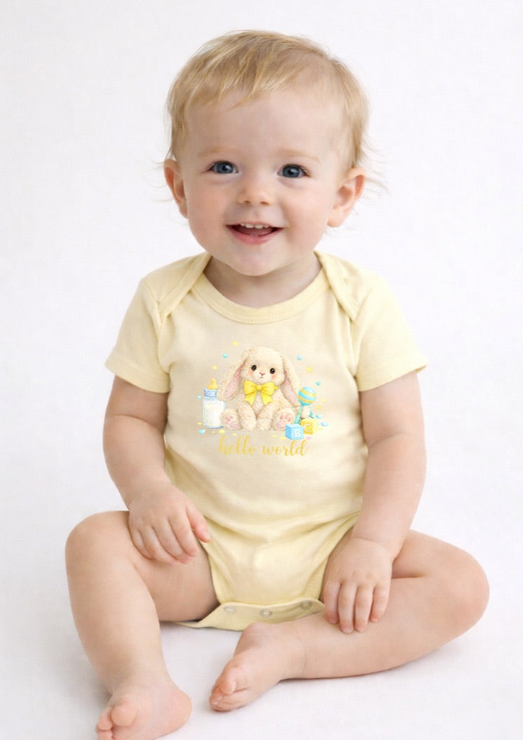 Yellow Hello World Bunny Baby Bodysuit – Cute Newborn Announcement Outfit, Soft Neutral Baby Onesie