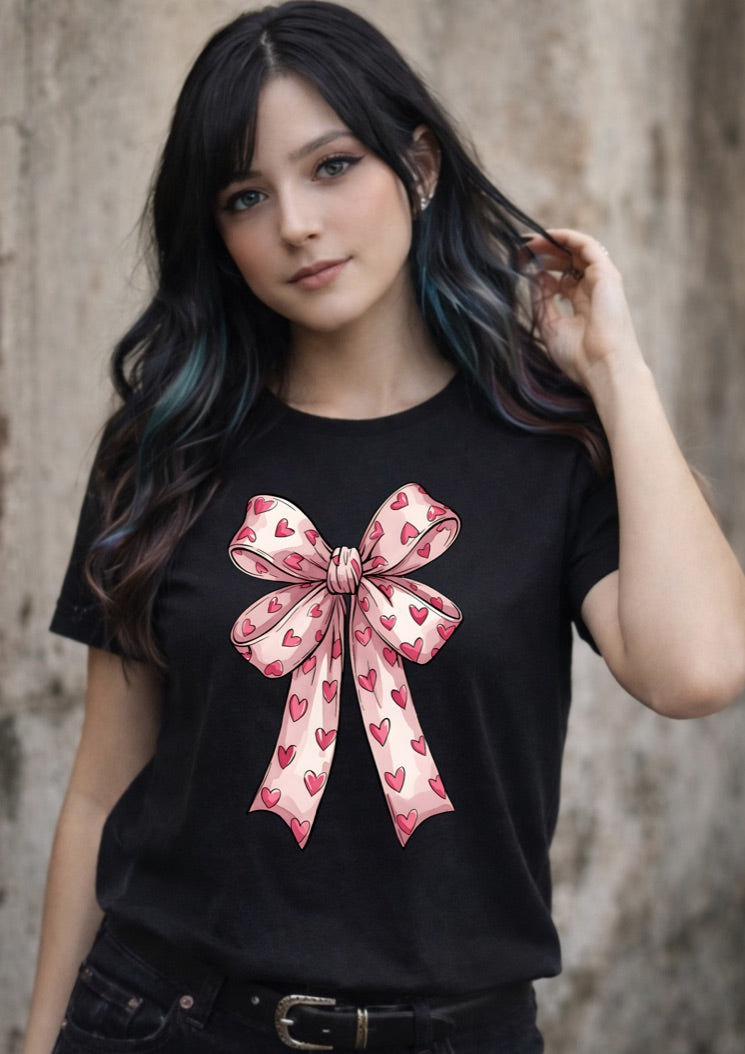 Pink Heart Bow Graphic T-Shirt – Coquette Aesthetic Unisex Tee - Soft Cotton Everyday Shirt
