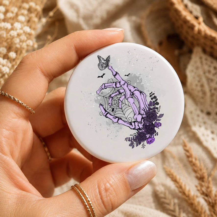 Purple Gothic Skeleton Hand Badge | Gothic Butterfly Pin Badge | Alternative Button Badge | Witchy Floral Skull Hand | Halloween Gift