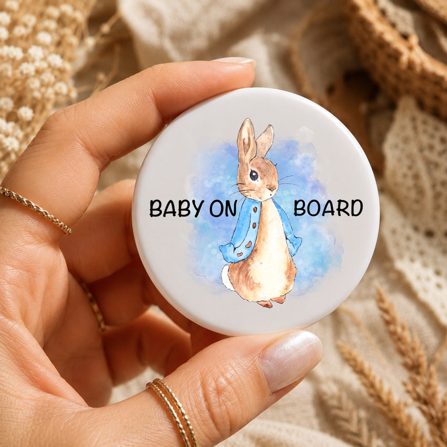 Peter Rabbit Baby on Board Rabbit Badge | Peter Rabbit Inspired Baby Button Badge | New Baby Pin Badge | Pushchair & Car Seat Accessory | Baby Shower Gift
