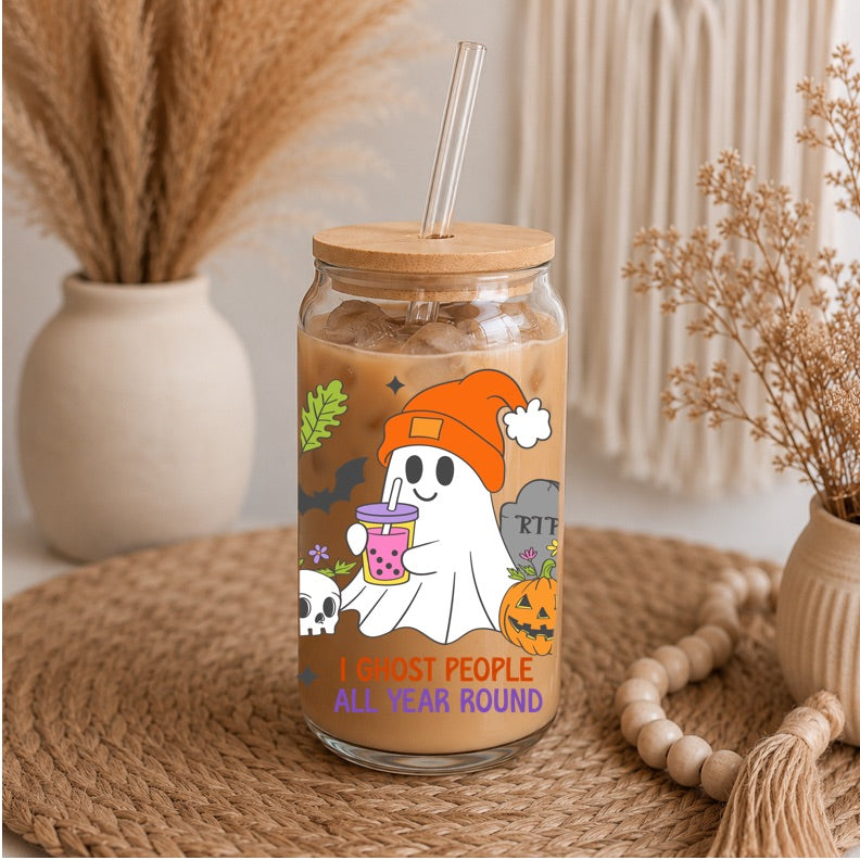 I Ghost People All Year Round Libbey Glass | 16oz Halloween Iced Coffee Glass | Cute Ghost Glass Can | Spooky Season Cup | Bamboo Lid & Glass Straw