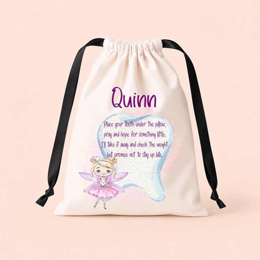 Personalised Purple Tooth Fairy Quote Bed Drawstring Bag | Custom Tooth Fairy Keepsake Bag | Personalised Lost Tooth Bag | Tooth Fairy Gift | Children's Tooth Pillow Alternative