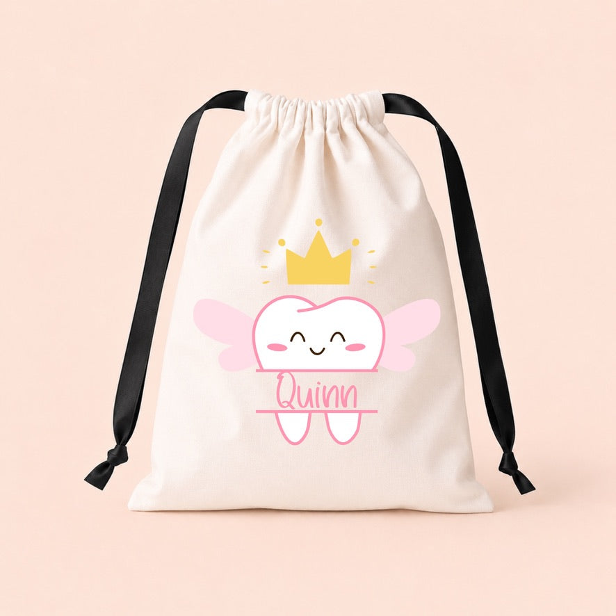 Personalised Pink Tooth Fairy Drawstring Bag | Custom Tooth Fairy Keepsake Bag | Personalised Tooth Pillow Alternative | Baby Tooth Bag | Children's Tooth Fairy Gift