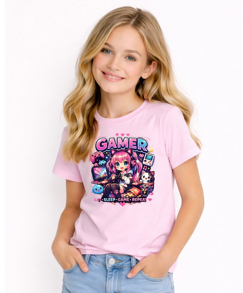 Pink Kids Gamer T-Shirt 🎮 - Cute Gaming Graphic Tee for Boys & Girls - Eat Sleep Game Repeat Youth Shirt