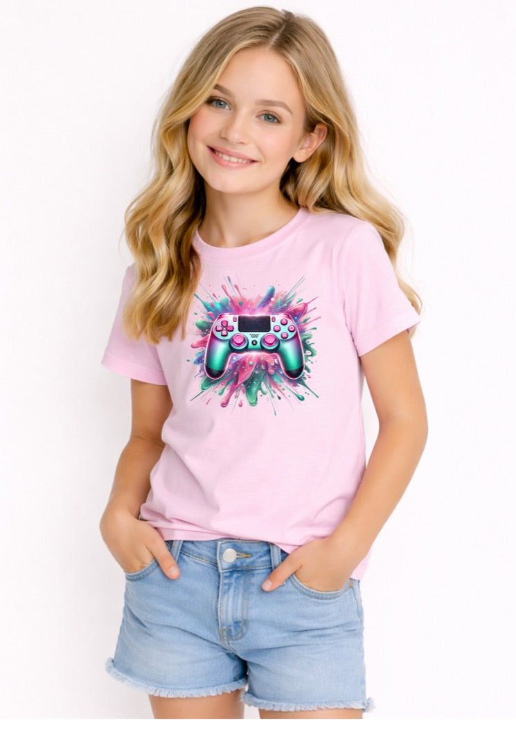 Kids Gamer Controller T-Shirt – Colourful Video Game Graphic Tee for Girls