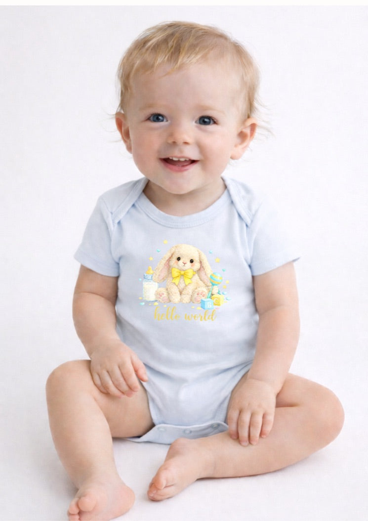Yellow Hello World Bunny Baby Bodysuit – Cute Newborn Announcement Outfit, Soft Neutral Baby Onesie