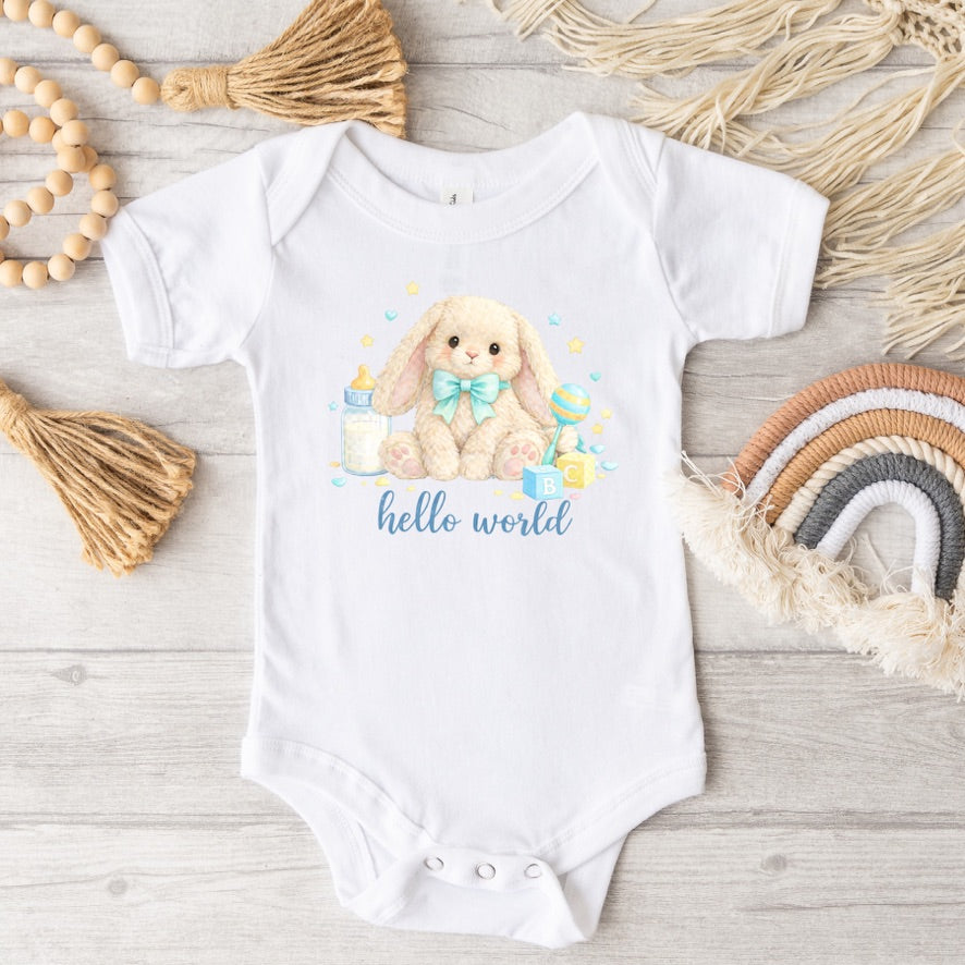 Blue Hello World Bunny Baby Bodysuit – Cute Newborn Announcement Outfit, Soft Neutral Baby Onesie