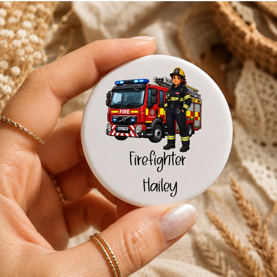 Personalised Female Firefighter Badge | Custom Firefighter Button Badge | Fire Engine Pin Badge | Fire & Rescue Gift | Personalised Firefighter Name Badge