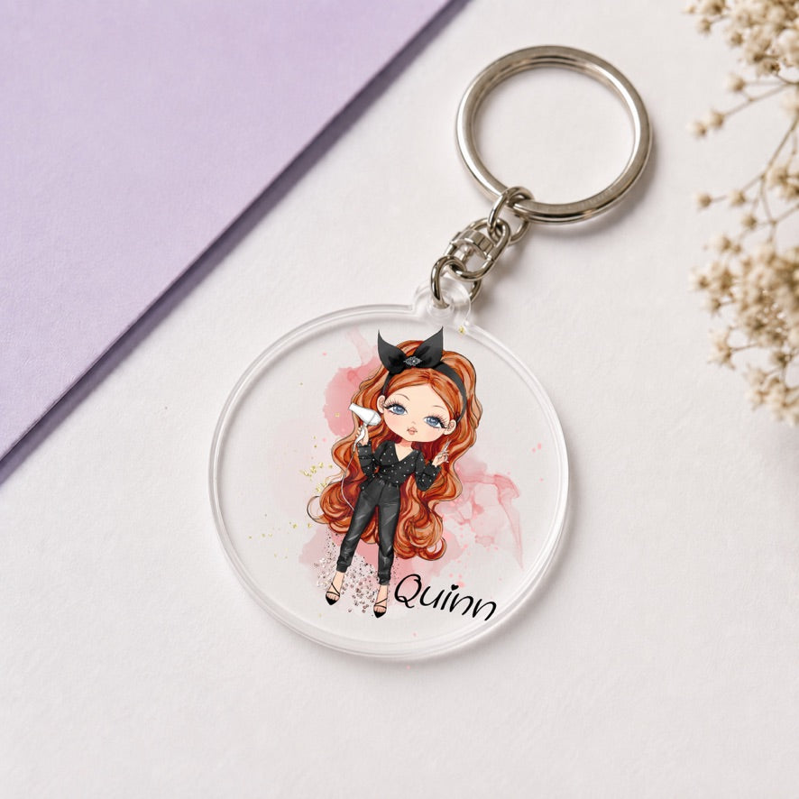 Personalised Hairdresser Girl Keyring | Custom Name Keyring | Bag Tag Gift