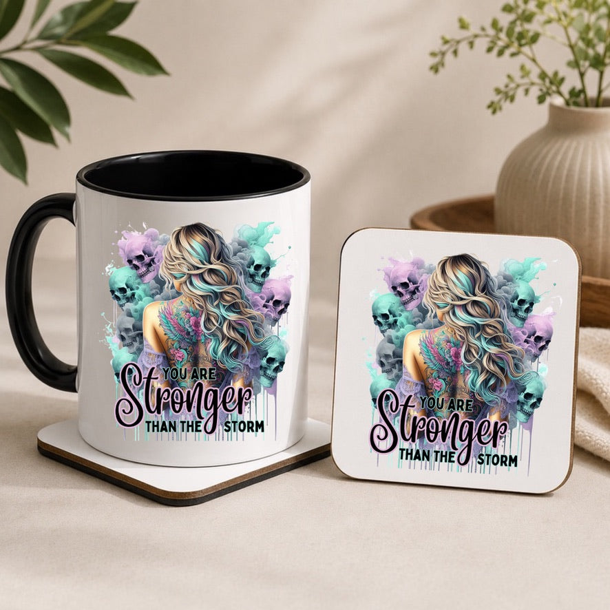 You Are Stronger Than the Storm Mug & Coaster Set | Inspirational Gothic Mug | Skull Coffee Mug | Positive Mental Health Gift | Alternative Gift for Her