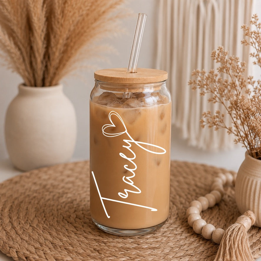 Personalised Name Libbey Glass Can | Custom 16oz Iced Coffee Glass | Bamboo Lid & Glass Straw | Custom Name Cup | Birthday Gift | Coffee Lover Gift