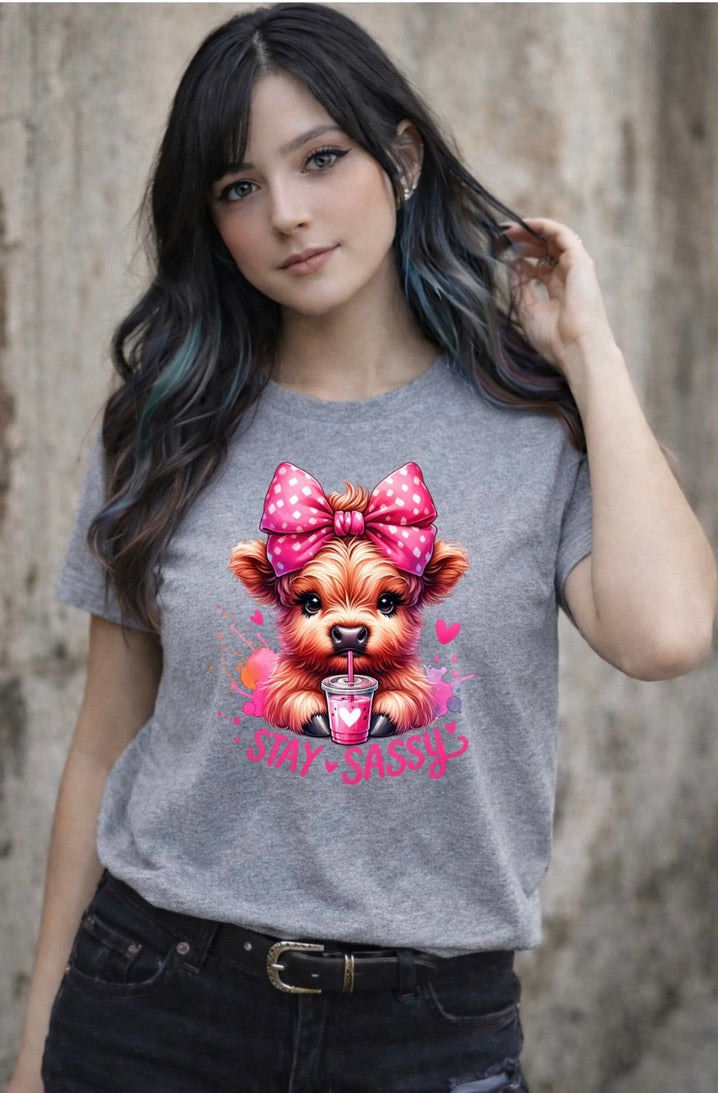 Stay Sassy Highland Cow Graphic T-Shirt – Cute Cow with Bow Unisex Tee - Soft Cotton Everyday Shirt