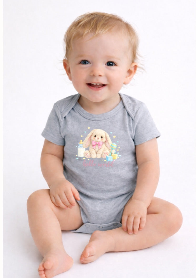Pink Hello World Bunny Baby Bodysuit – Cute Newborn Announcement Outfit, Soft Neutral Baby Onesie