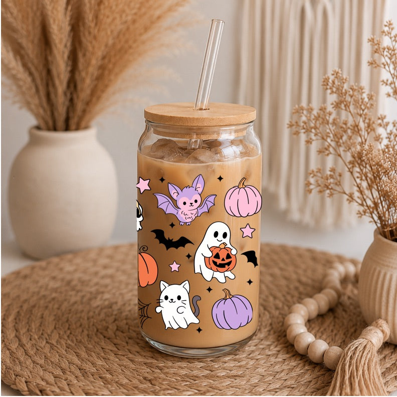 Cute Halloween Libbey Glass | 16oz Iced Coffee Glass | Ghost Pumpkin Bat Glass Can | Spooky Coffee Cup | Bamboo Lid & Glass Straw