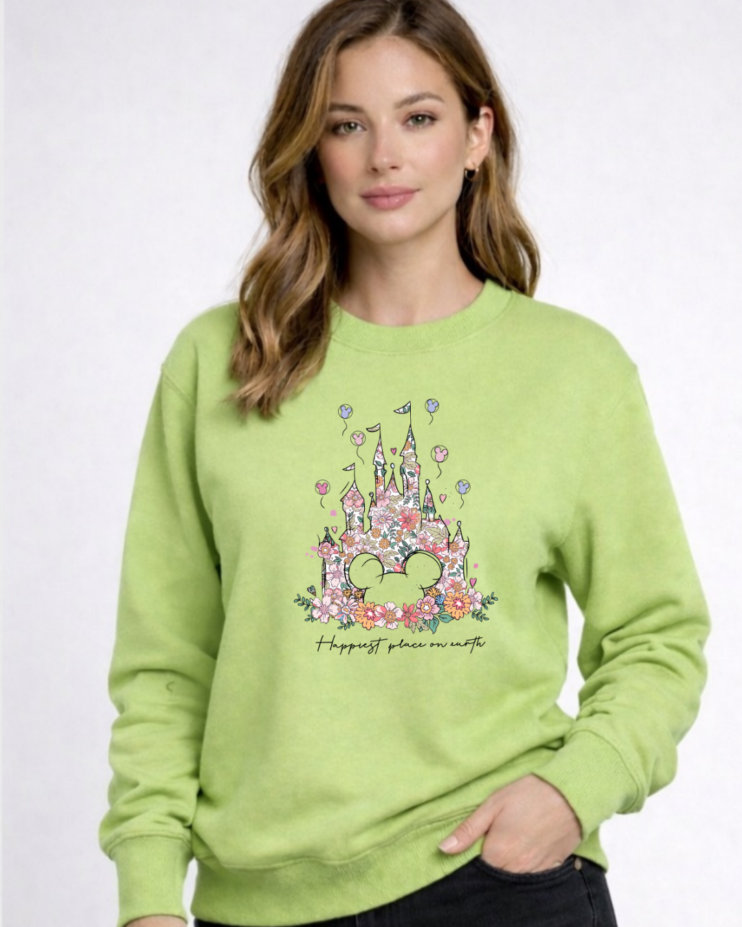 Flower Castle Happiest Place On Earth Disney Sweatshirt – Cozy Graphic Crewneck, Unisex Disney Style Jumper