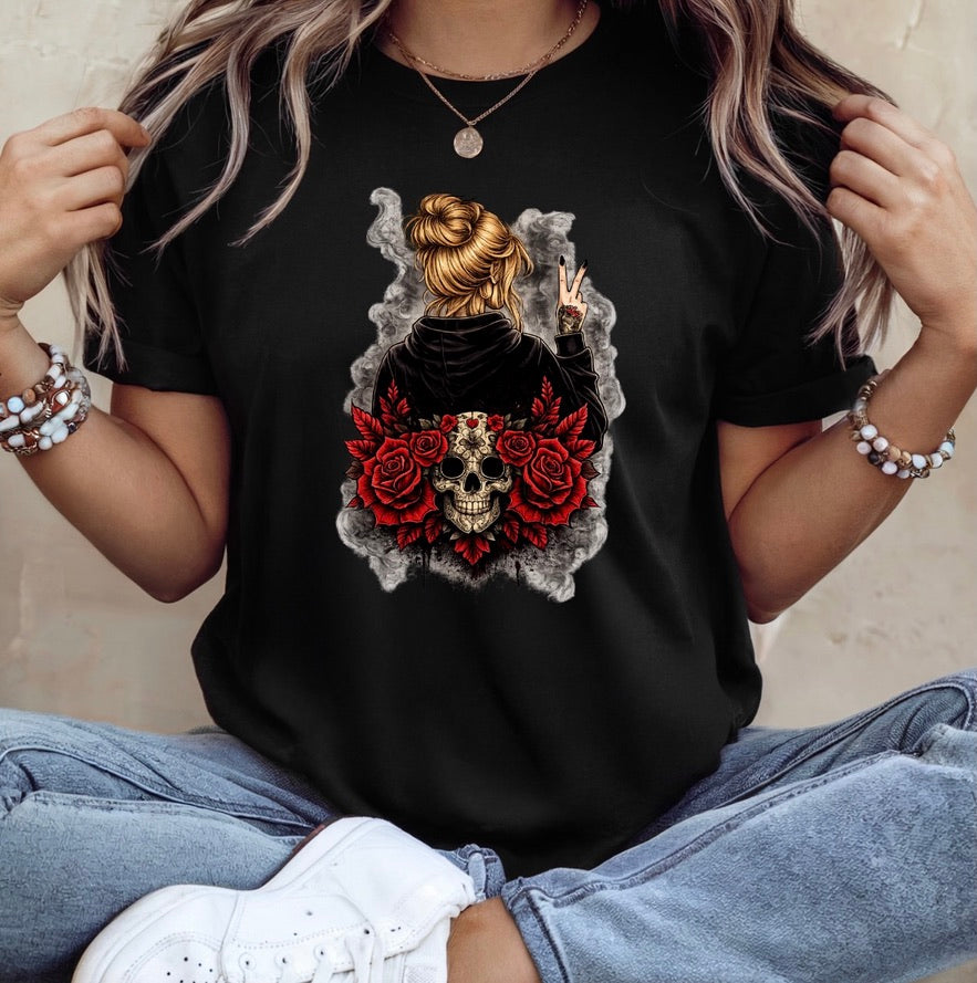 Gothic Skull & Red Roses Graphic T-Shirt – Alternative Peace Sign Girl Unisex Tee -Tattoo-Style Shirt