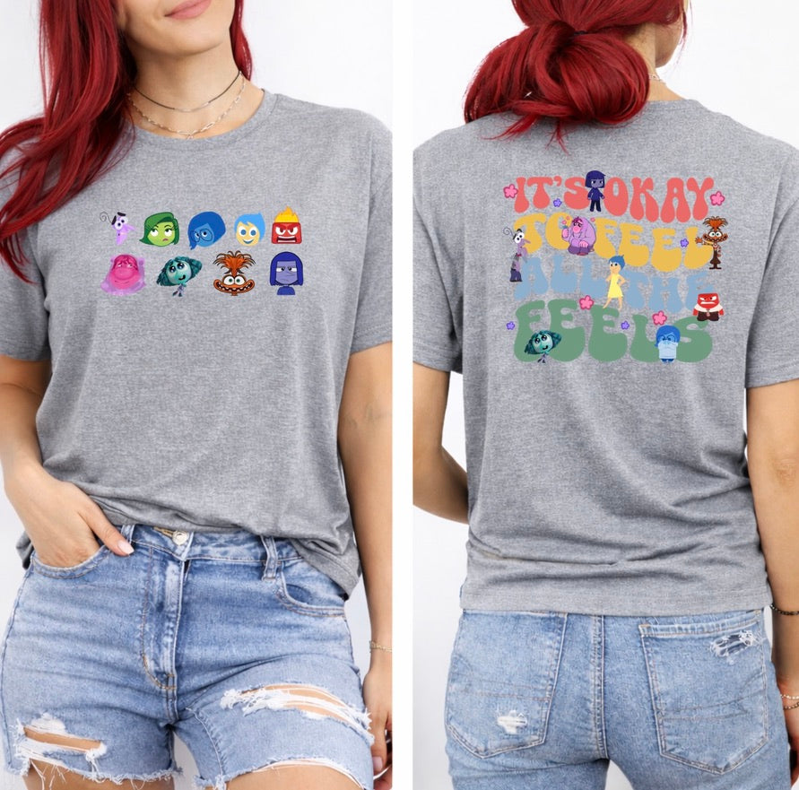 It’s Okay to Feel All the Feels Front & Back Graphic T-Shirt – Colourful Emotions Character Tee
