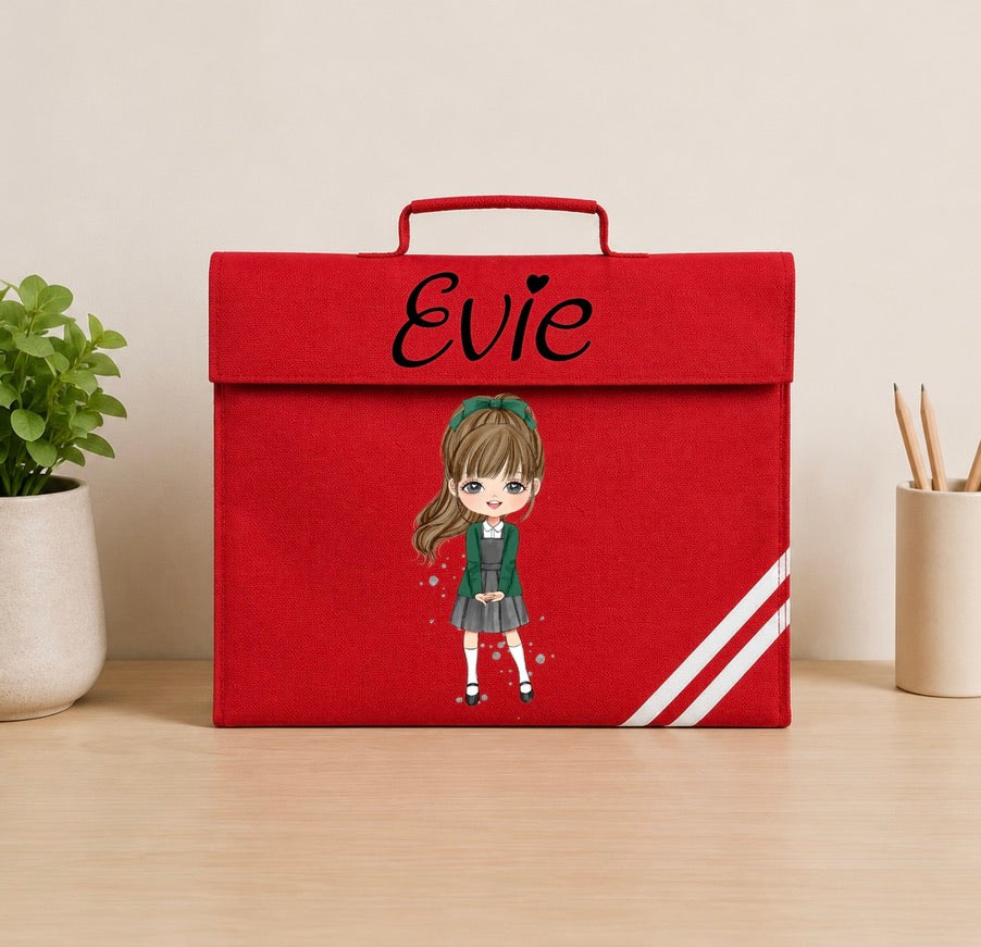 Personalised School Girl With Fringe Book Bag – Custom Chibi Design 🎒✨