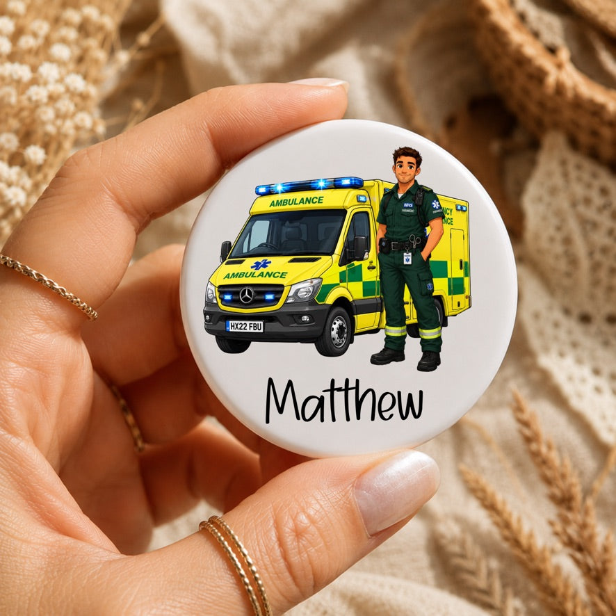 Personalised Male Paramedic Badge | Custom Ambulance Button Badge | NHS Paramedic Pin Badge | Emergency Medical Services Gift | Personalised Name Badge