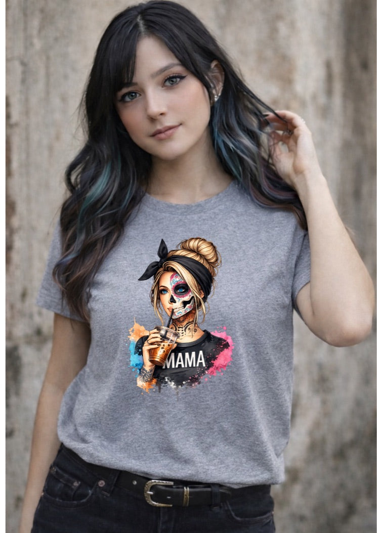 Sugar Skull Mama T-Shirt – Day of the Dead Mom Graphic Tee, Gothic Coffee Lover Shirt