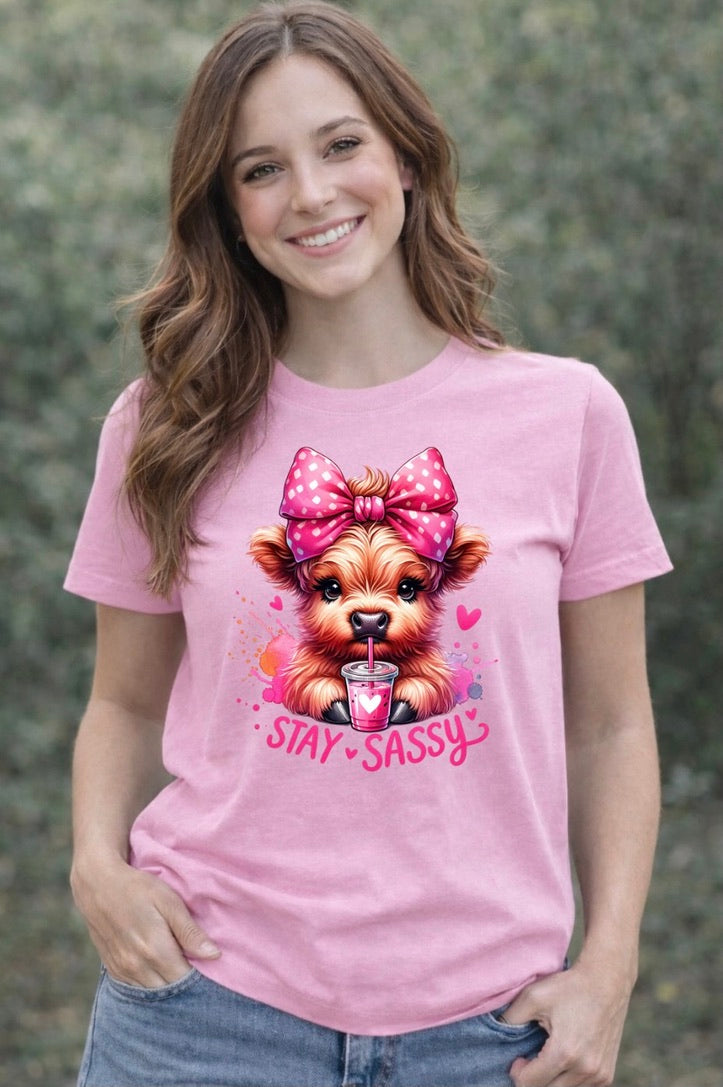 Stay Sassy Highland Cow Graphic T-Shirt – Cute Cow with Bow Unisex Tee - Soft Cotton Everyday Shirt