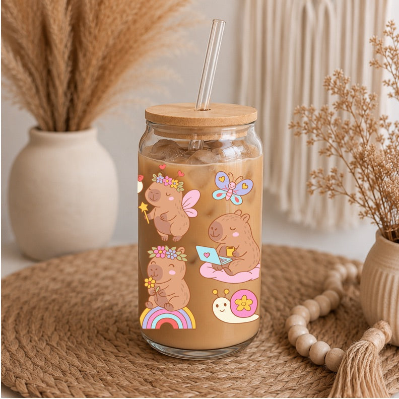 Cute Capybara Libbey Glass | 16oz Capybara Iced Coffee Glass | Kawaii Animal Glass Can | Bamboo Lid & Glass Straw