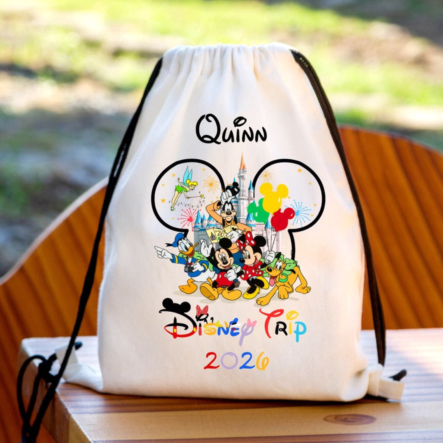 Personalised Mickey Disney Trip 2026 Drawstring Gym Bag | Custom Name PE Bag | Kids School Sports Bag | Nursery Drawstring Bag | Swimming Bag | Gift for Boys & Girls