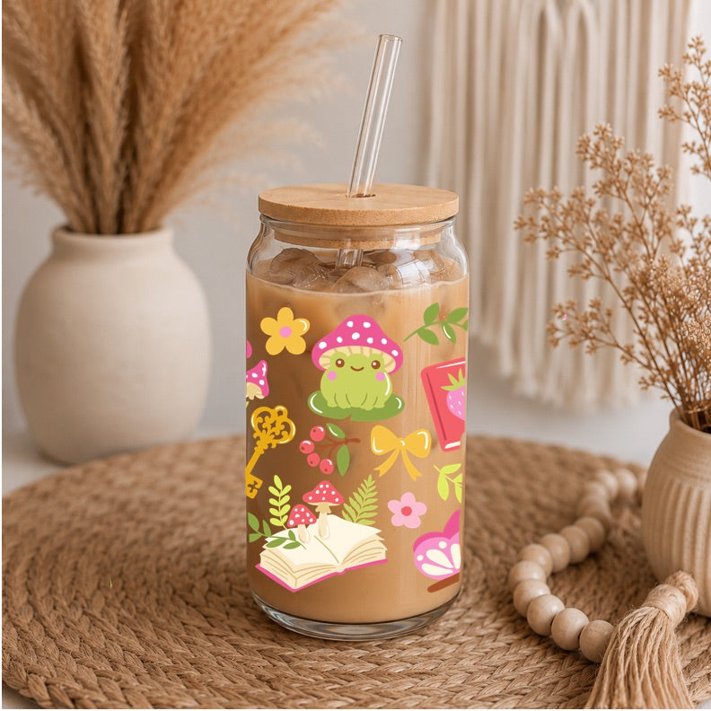 Cute Frog & Mushroom Libbey Glass | 16oz Iced Coffee Glass | Cottagecore Frog Glass Can | Book Lover Coffee Cup | Bamboo Lid & Glass Straw