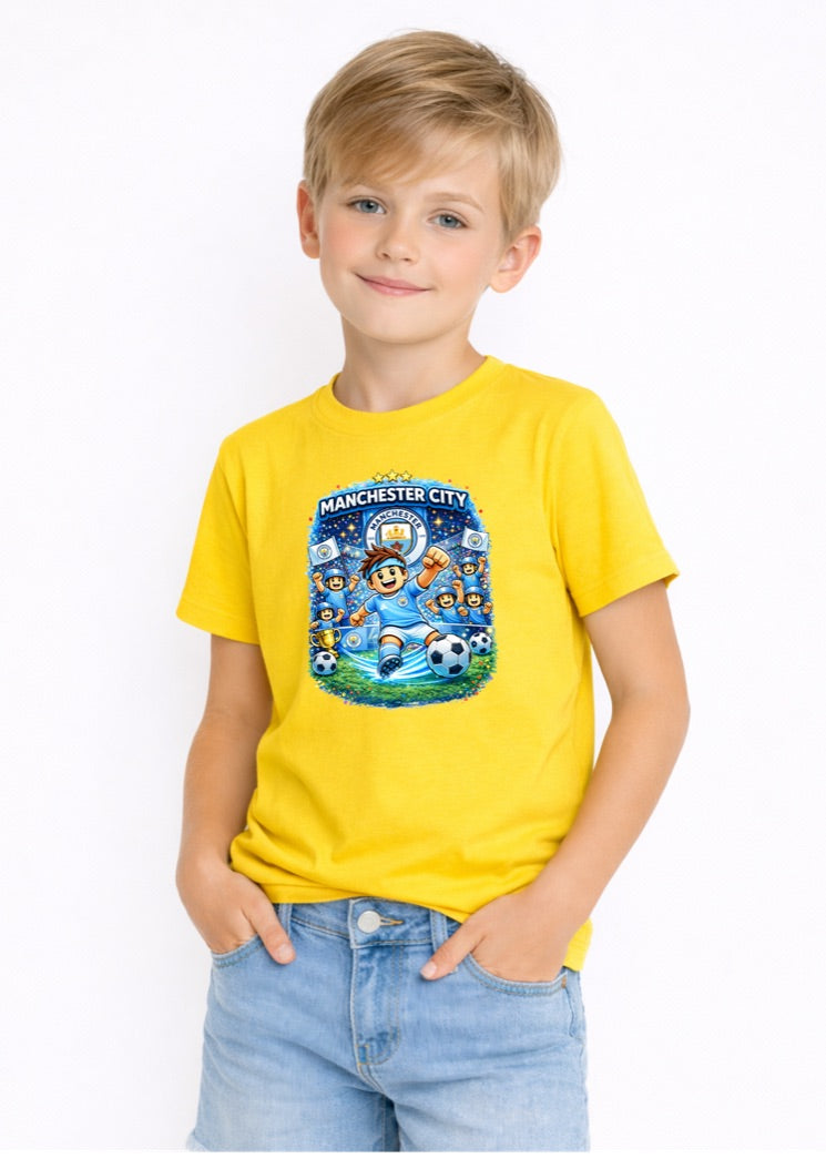 Manchester Football Kids T-Shirt – Blue Soccer Fan Graphic Tee for Boys