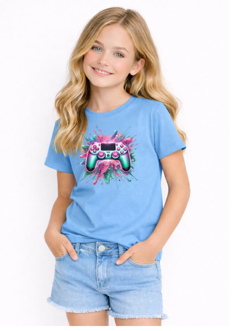Kids Gamer Controller T-Shirt – Colourful Video Game Graphic Tee for Girls