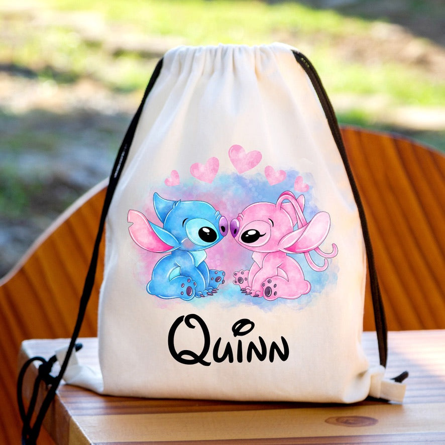 Personalised Stitch & Angle Drawstring Gym Bag | Custom Name PE Bag | Kids School Sports Bag | Nursery Drawstring Bag | Swimming Bag | Gift for Boys & Girls