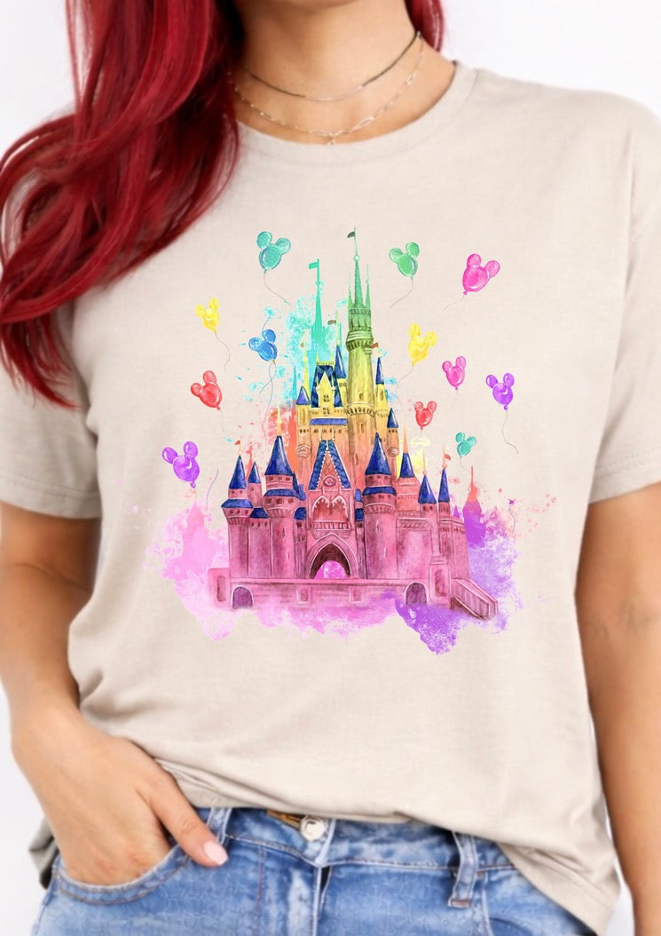 Watercolor Fairytale Castle T-Shirt – Colorful Magic Kingdom Inspired Graphic Tee