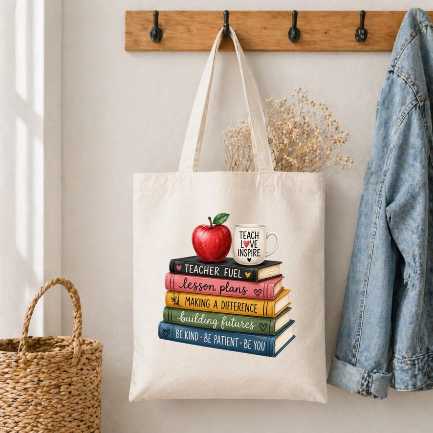 Teacher Books Cotton Tote Bag – Reusable Shopping Bag | Eco-Friendly Everyday Canvas Tote | Beach, School & Work Bag