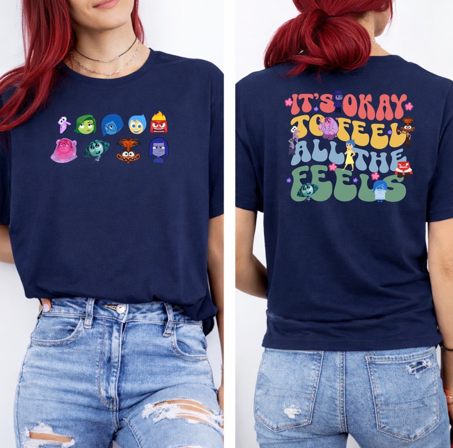 It’s Okay to Feel All the Feels Front & Back Graphic T-Shirt – Colourful Emotions Character Tee