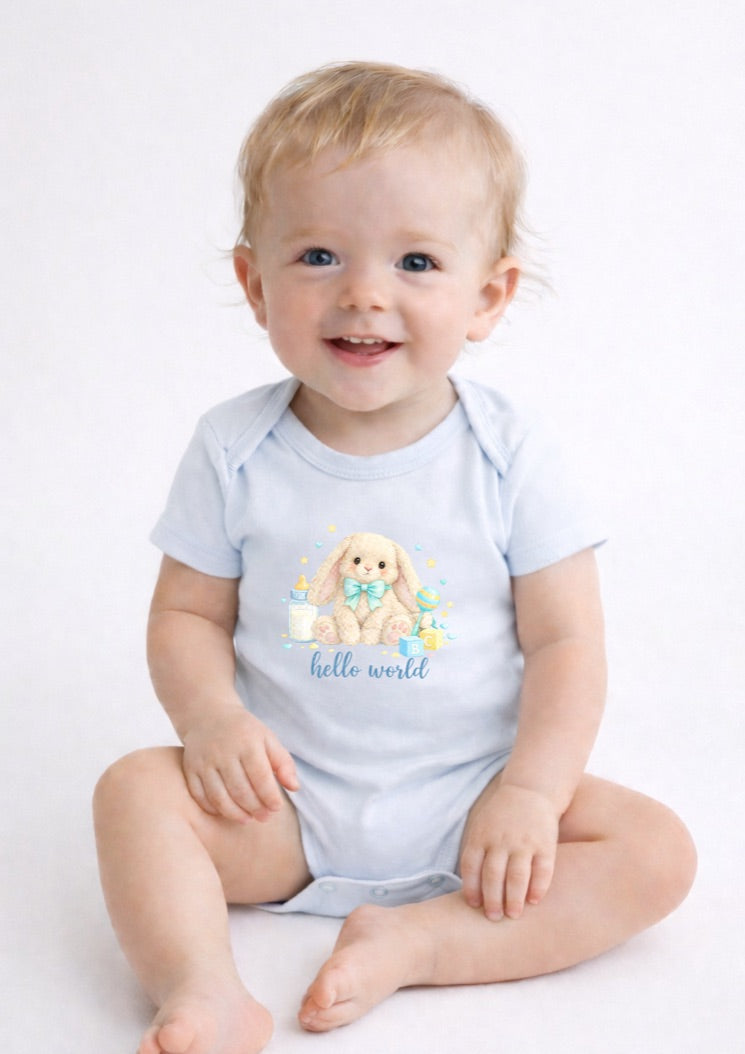 Blue Hello World Bunny Baby Bodysuit – Cute Newborn Announcement Outfit, Soft Neutral Baby Onesie