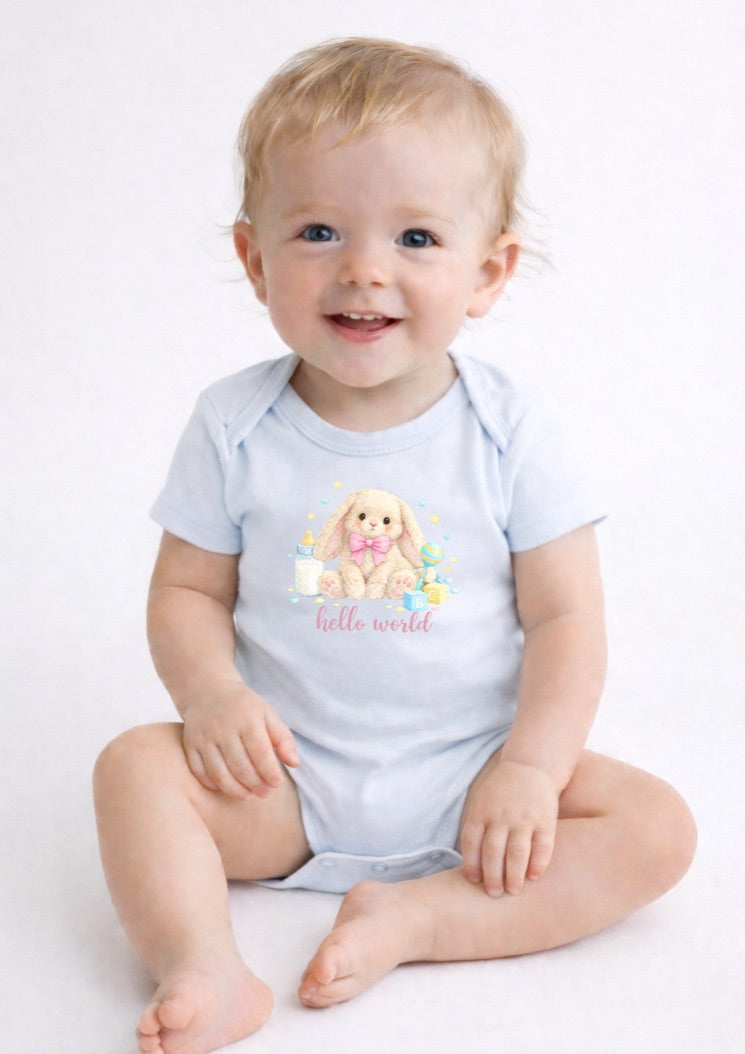 Pink Hello World Bunny Baby Bodysuit – Cute Newborn Announcement Outfit, Soft Neutral Baby Onesie
