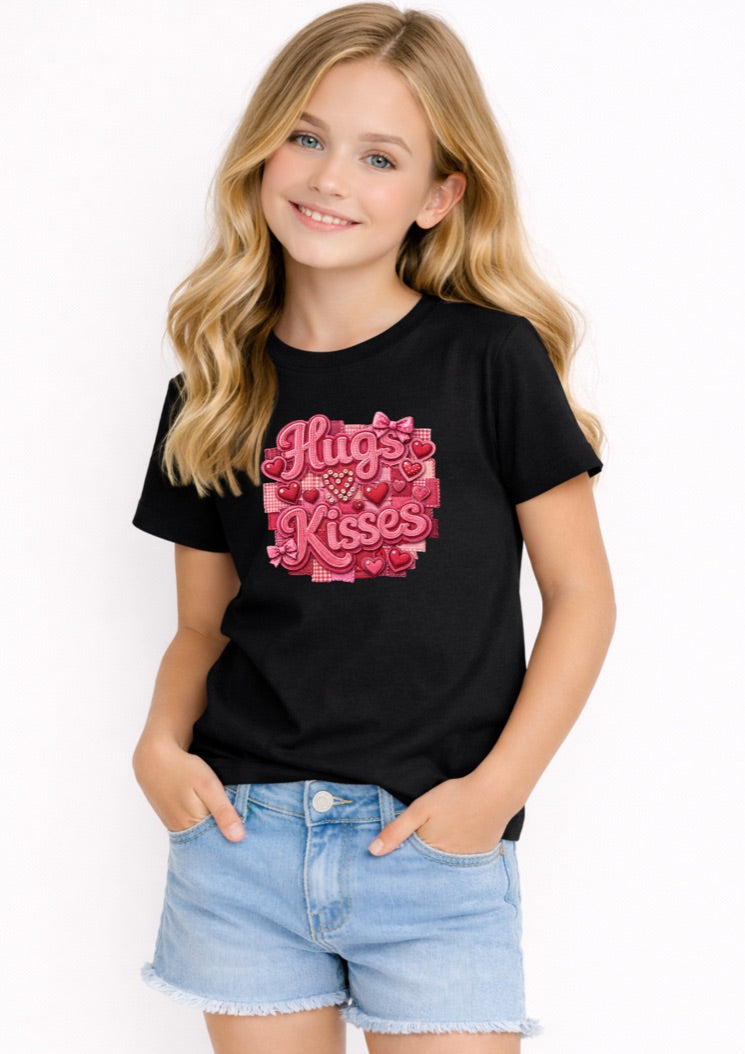 Hugs & Kisses Kids T-Shirt – Cute Valentine’s Day Heart Graphic Tee for Girls