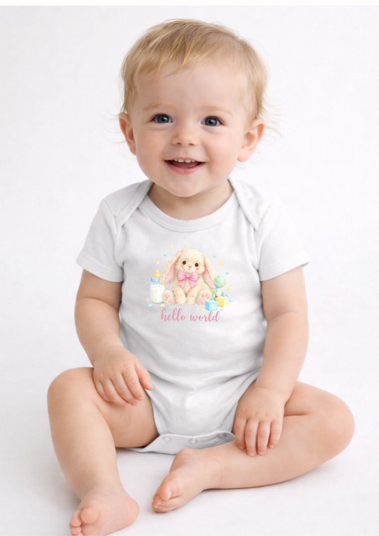 Pink Hello World Bunny Baby Bodysuit – Cute Newborn Announcement Outfit, Soft Neutral Baby Onesie