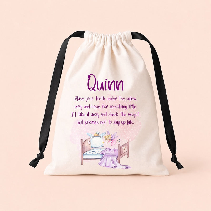 Personalised Purple Tooth Fairy Bed Drawstring Bag | Custom Tooth Fairy Keepsake Bag | Personalised Lost Tooth Bag | Tooth Fairy Gift | Children's Tooth Pillow Alternative