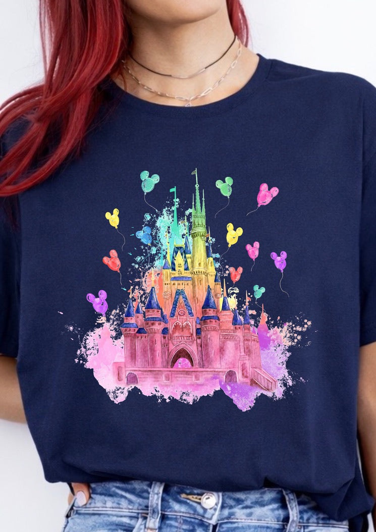 Watercolor Fairytale Castle T-Shirt – Colorful Magic Kingdom Inspired Graphic Tee