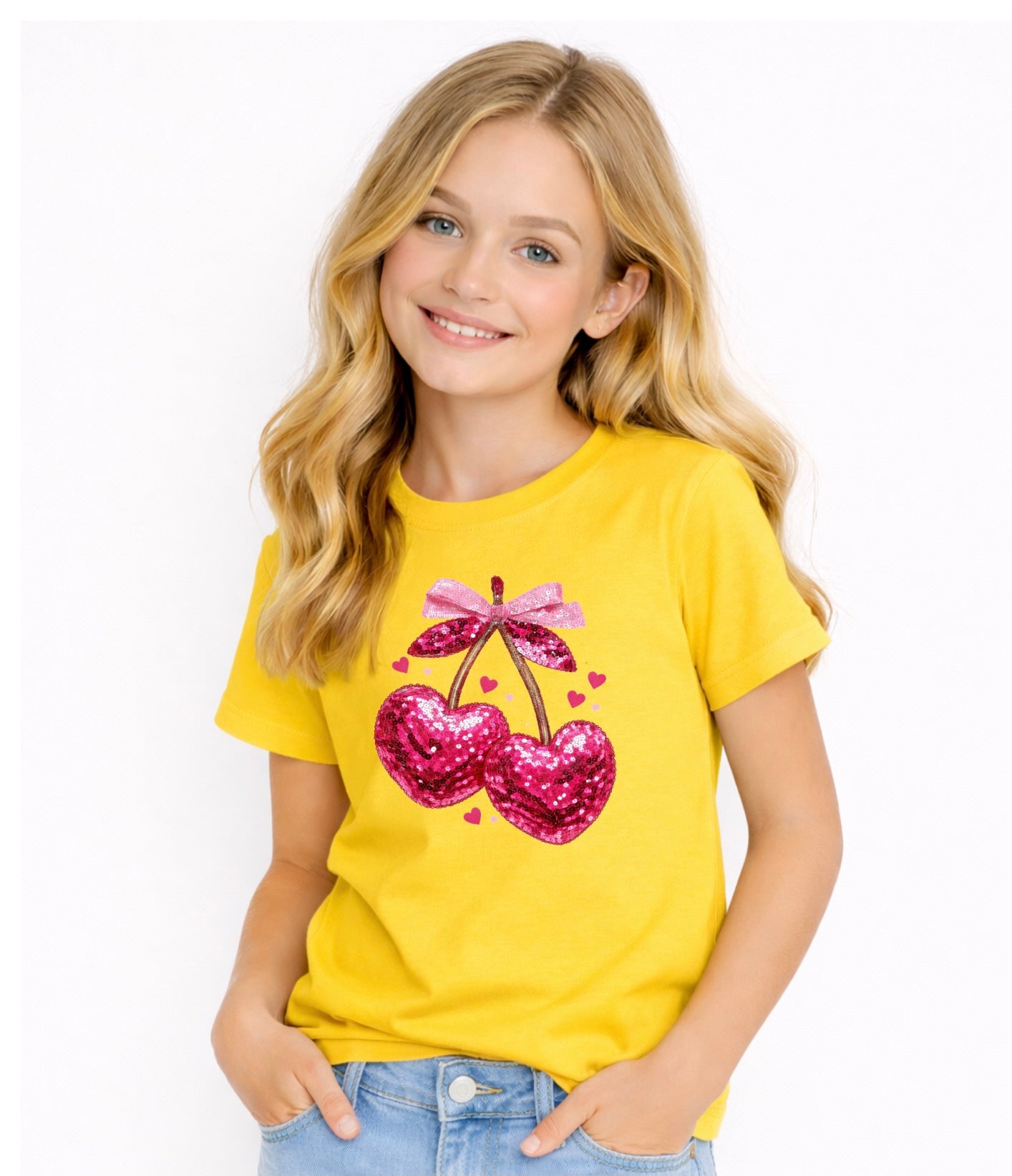 Cute Cherry Hearts Kids Graphic T-Shirt – Pink Sparkle Love Design for Girl
