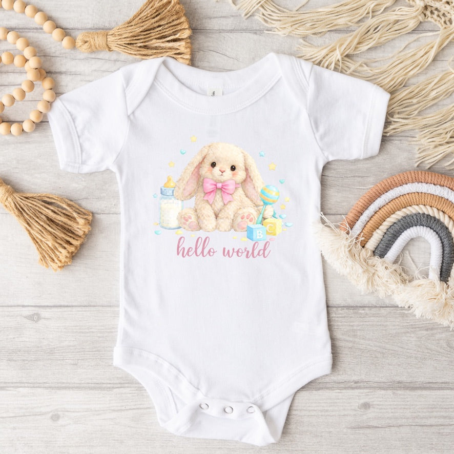 Pink Hello World Bunny Baby Bodysuit – Cute Newborn Announcement Outfit, Soft Neutral Baby Onesie