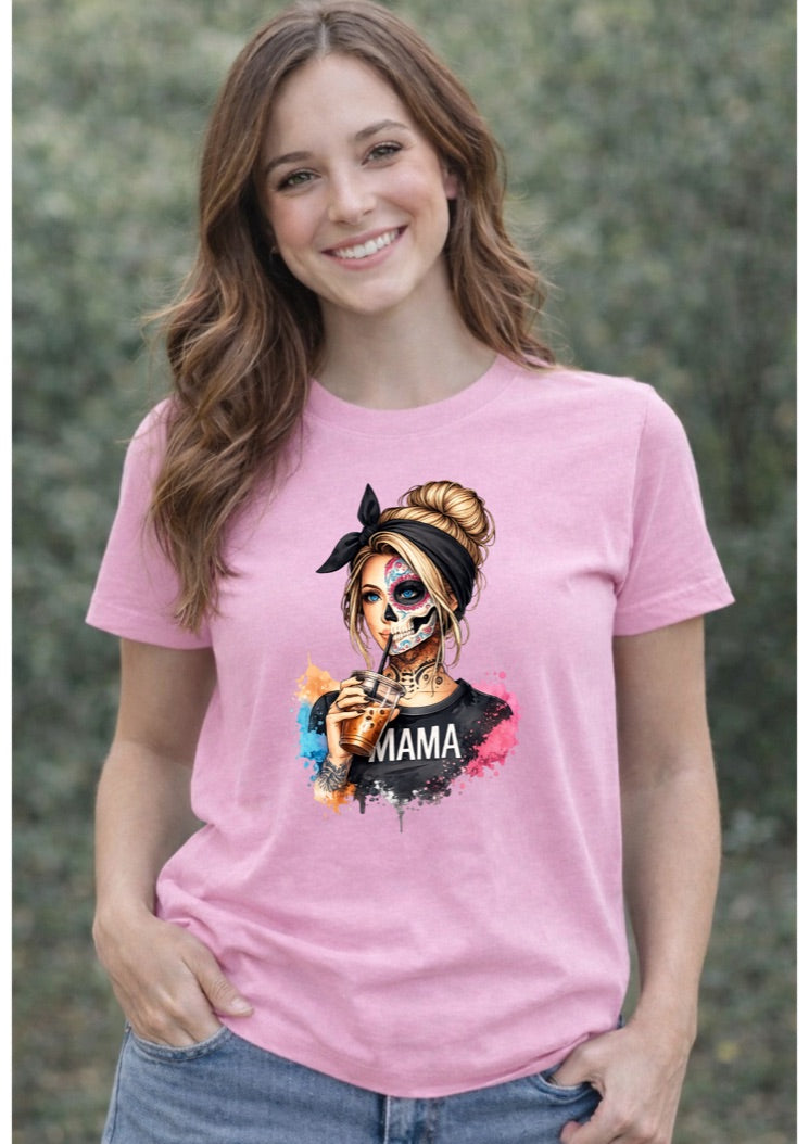 Sugar Skull Mama T-Shirt – Day of the Dead Mom Graphic Tee, Gothic Coffee Lover Shirt