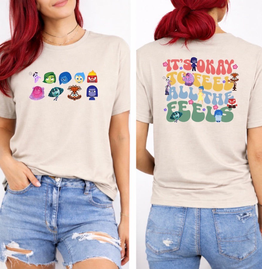It’s Okay to Feel All the Feels Front & Back Graphic T-Shirt – Colourful Emotions Character Tee