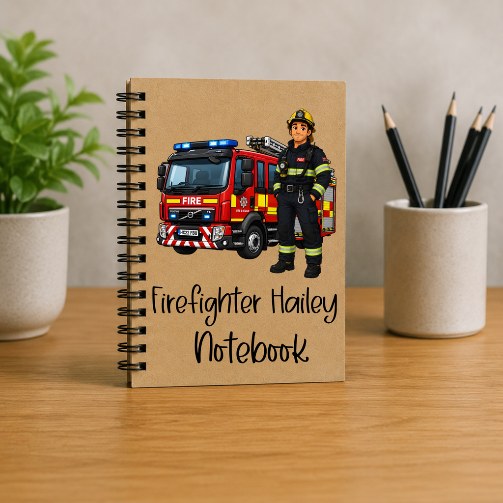 Personalised Firefighter Notebook | Custom Firefighter Journal | Fire Engine Spiral Notebook | Gift for Firefighters | Personalised A5 Notebook